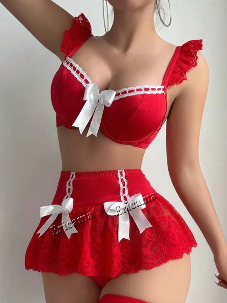 Ensemble Lingerie Noir en Dentelle, Volants et Nœuds Blancs