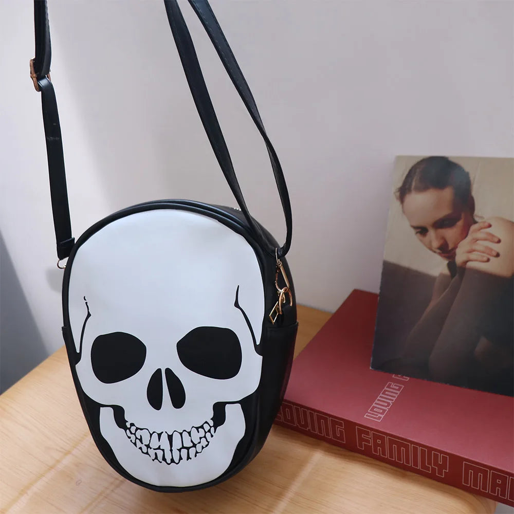Sac à Bandoulière Rond Tête de Mort Noir et Blanc