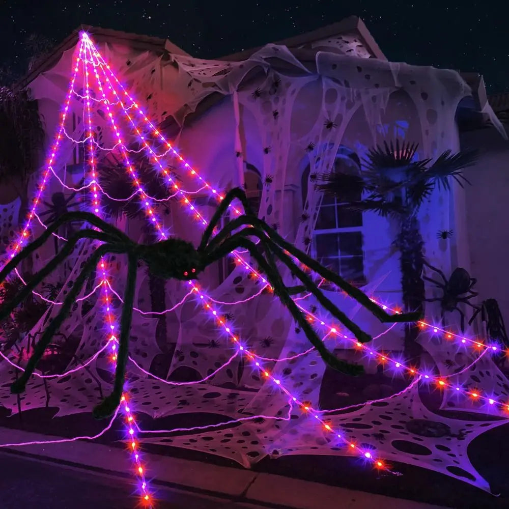 Toile d'Araignée Lumineuse LED et Grande Araignée Velue