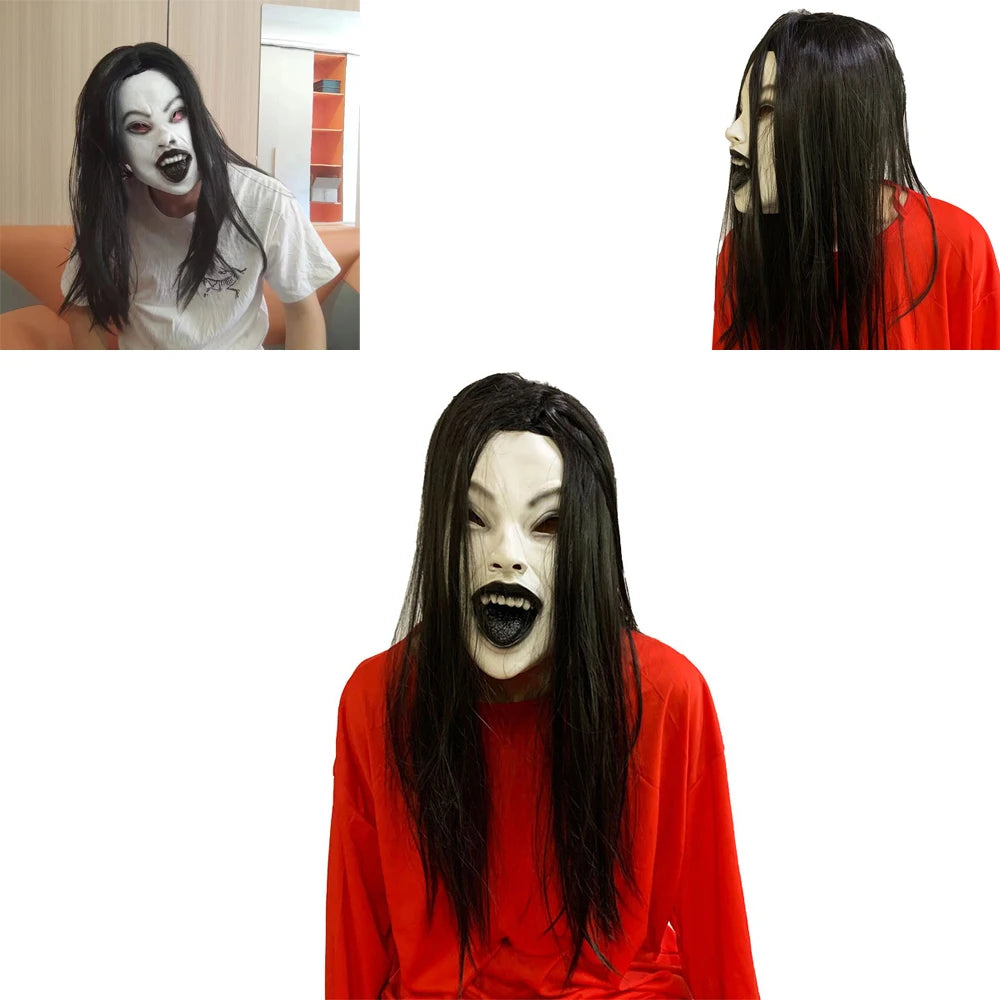 Masque d'Horreur Fantôme aux Cheveux Noirs Longs