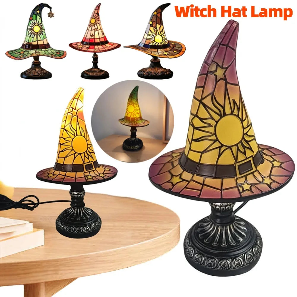 Lampe de Table Chapeau Sorcière en Vitrail Vert Soleil Étoiles