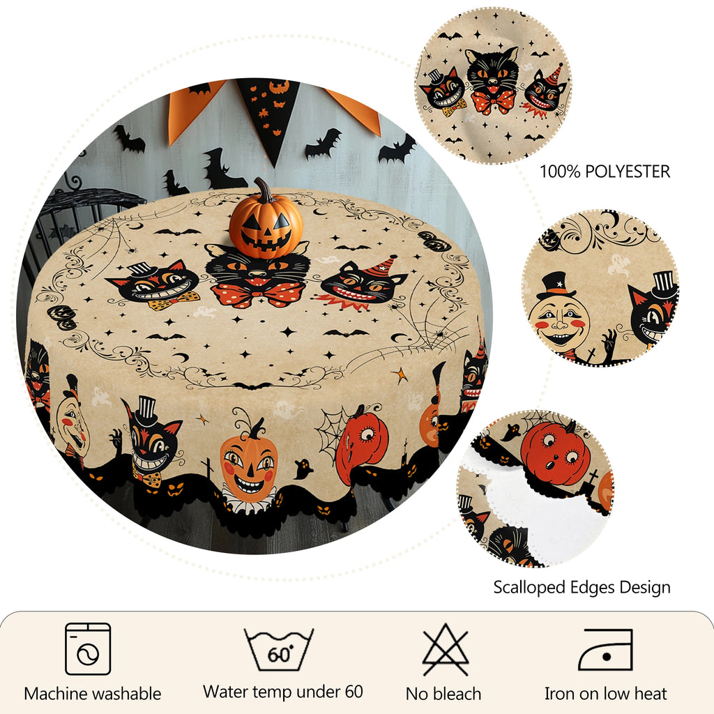 Nappe d'Halloween Rétro Beige à Chats et Citrouilles