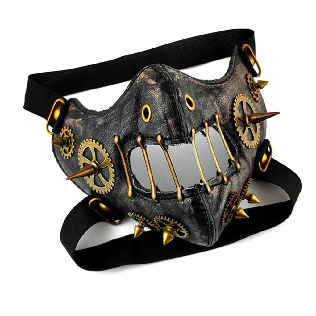 Masque Steampunk Noir Vieilli et Engrenages de Bronze
