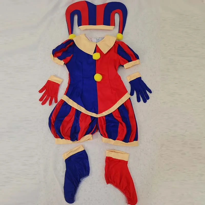 Costume d'Arlequin Rouge et Bleu à Pompons