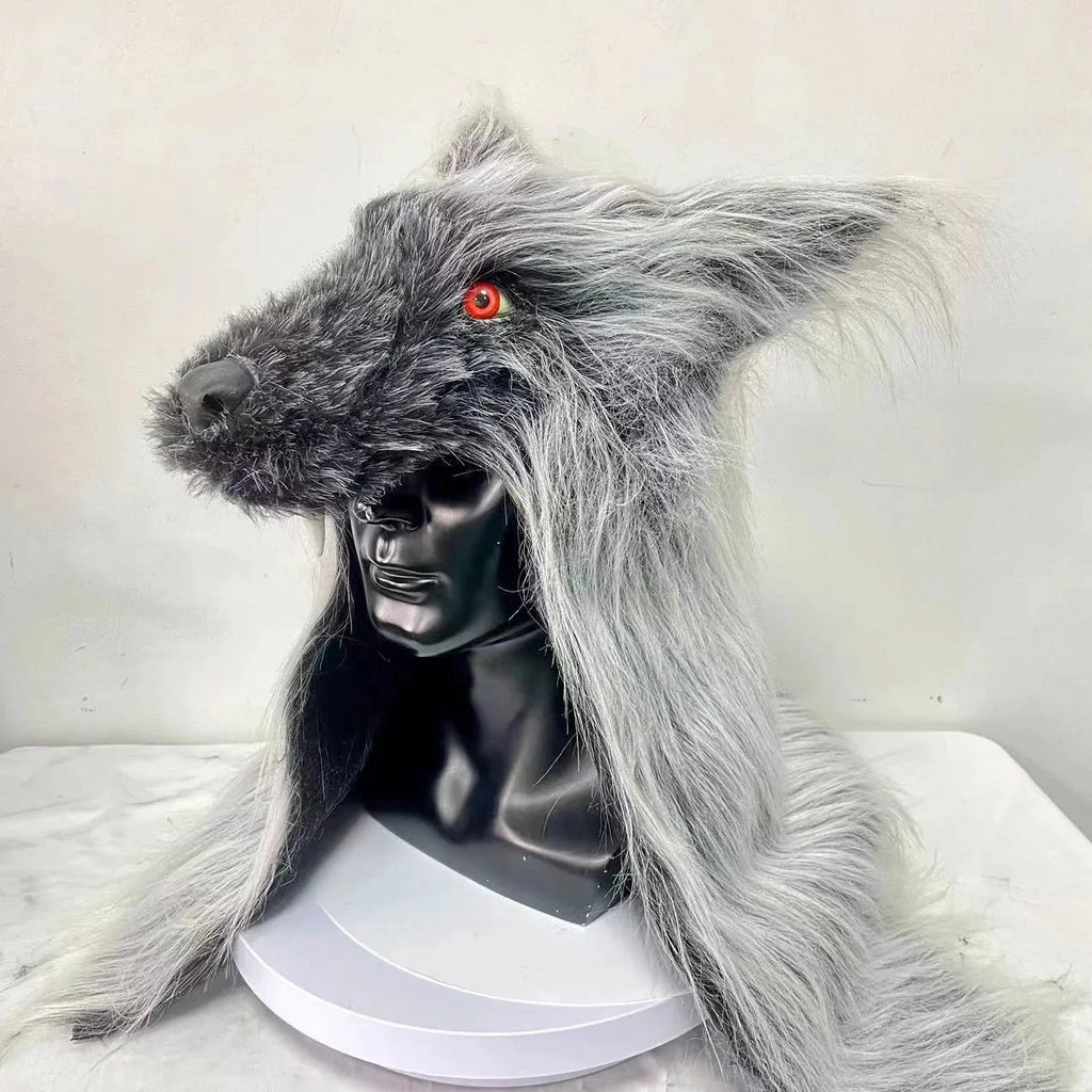 Masque de Loup-Garou Noir à Yeux Rouges et Crocs