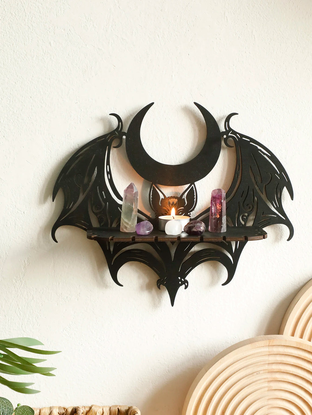 Étagère Murale Gothique en Bois Noir Chauve-Souris