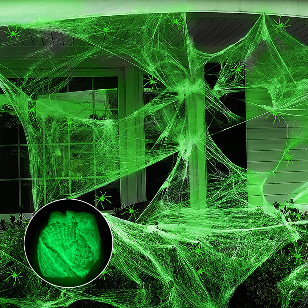 Toile d'Araignée Luminescente Verte avec Araignées