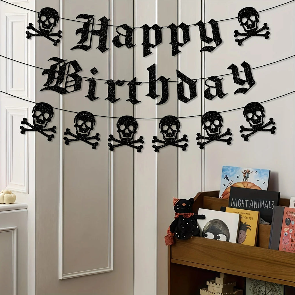 Bannière Anniversaire Gothique Noire Pailletée et Crânes